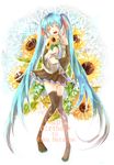  aqua_hair boots character_name closed_eyes dated detached_sleeves facing_viewer floral_background flower full_body hatsune_miku highres holding holding_flower long_hair necktie open_mouth rina2627 skirt solo sunflower thigh_boots thighhighs twintails very_long_hair vocaloid 