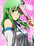  blush colorized detached_sleeves frog_hair_ornament gohei green_eyes green_hair hair_ornament hair_tubes kochiya_sanae long_hair rururu_(athletic-meet) solo symphytum touhou 