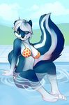  blue_fur breasts clothed clothing demicoeur female fur green_eyes hair hindpaw looking_at_viewer mammal paws pool skimpy skunk solo striped_tail swimsuit taki tight_clothing water white_hair 