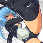  bad_id bad_pixiv_id black_legwear blue_hair blush breasts busou_shinki dd_(ijigendd) doll_joints kicking long_hair medium_breasts red_eyes solo strarf thighhighs thighs 