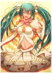  absurdres breasts character_name cleavage cleavage_cutout closed_eyes eighth_note elbow_gloves gloves green_hair groin hatsune_miku headset highres long_hair medium_breasts microphone midriff musical_note navel open_mouth skirt solo treble_clef twintails twohairs very_long_hair vocaloid 