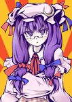  bespectacled capelet crescent crossed_arms downagi glasses hat long_hair long_sleeves patchouli_knowledge purple_eyes purple_hair solo touhou wide_sleeves 