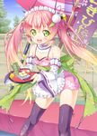  :d apron banner bare_shoulders black_legwear blush cup detached_sleeves gradient_hair green_eyes hair_ornament holding ichi_makoto japanese_clothes long_hair maid_headdress multicolored_hair nobori open_mouth original pink_hair ribbon-trimmed_clothes ribbon-trimmed_legwear ribbon-trimmed_sleeves ribbon_trim smile solo thighhighs tray twintails wa_maid waist_apron waitress zettai_ryouiki 