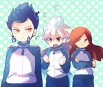  frown hakuryuu_(inazuma_eleven) inazuma_eleven_(series) inazuma_eleven_go long_hair male_focus multiple_boys open_mouth pippilipi polka_dot seidou_dan smile tsurugi_kyousuke 