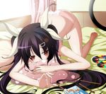  bare_legs bed black_hair cd dr._cryptoso food hair_ribbon long_hair original panties pillow pink_panties popsicle popsicle_stick red_eyes ribbon solo top-down_bottom-up topless twintails underwear underwear_only 