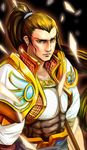  armor beancurd brown_hair earrings jewelry league_of_legends male_focus polearm solo spear weapon xin_zhao 