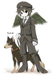  1boy angel child dark_pit dog hat kid_icarus male male_focus nintendo short_hair simple_background solo suama uniform wings 