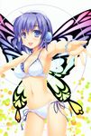  :d absurdres alpha_(yukai_na_nakamatachi) armpits bangs bare_arms bikini blue_bikini blue_eyes blue_hair blush bracelet breasts butterfly_wings cleavage collarbone cowboy_shot eyebrows_visible_through_hair hair_between_eyes hair_ornament hairclip headphones highres jewelry layered_bikini looking_at_viewer medium_breasts multicolored multicolored_wings navel open_mouth original outstretched_arms print_bikini scan shiny shiny_skin short_hair side-tie_bikini smile solo spread_arms strap_gap string_bikini swimsuit white_bikini wings 