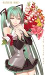  aqua_eyes aqua_hair aqua_neckwear bare_shoulders birthday bouquet character_name cowboy_shot detached_sleeves flower gladiolus green_eyes green_hair hatsune_miku lily_(flower) long_hair looking_at_viewer necktie pleated_skirt red_flower red_rose rose sentoiro shiny shiny_clothes simple_background skirt smile solo twintails very_long_hair vocaloid white_background 