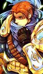  armor beancurd belt blue_eyes brown_hair cape garen_crownguard gauntlets gloves league_of_legends male_focus scarf solo 