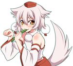  animal_ears bad_id bad_pixiv_id bare_shoulders blush cucumber detached_sleeves fang hat inubashiri_momiji paw_pose short_hair silver_hair smile solo tail tokin_hat touhou uousa-ou white_background wide_sleeves wolf_ears wolf_tail yellow_eyes 