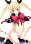  blazblue blonde_hair bow capelet collarbone daiaru long_hair navel panties rachel_alucard red_bow red_eyes sleeveless solo twintails underwear white_background white_panties 