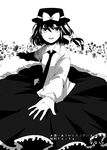  74_(teduka) bow greyscale hair_bow hat hat_bow long_sleeves monochrome necktie open_mouth puffy_sleeves short_hair solo touhou usami_renko 