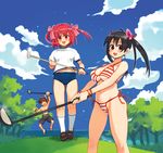  2girls :d bare_shoulders bikini black_hair blush bow breasts brown_eyes brown_hair buruma cleavage cloud day golf golf_club groin gym_uniform hair_bow large_breasts long_hair looking_at_viewer multiple_girls navel open_mouth original red_eyes red_hair ryoji_(nomura_ryouji) side-tie_bikini smile snorkel solid_oval_eyes standing striped striped_bikini striped_swimsuit swimsuit tree twintails 