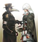  armband assassin's_creed_(series) assassin's_creed_ii bad_id bad_pixiv_id belt blood bloody_clothes cape coat doctor ezio_auditore_da_firenze giving gloves gradient gradient_background hat highres hood mask medicine multiple_boys pauldrons plague_doctor sash simple_background vambraces zakki 