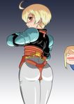  1boy 1girl agrias_oaks annoyed armor ass blonde_hair blush brown_eyes final_fantasy final_fantasy_tactics frown highres looking_back male nagiichi open_mouth ramza_beoulve short_hair shota sweatdrop trap 