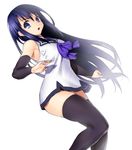  bare_shoulders black_legwear blue_eyes blue_hair bow dress gokukoku_no_brynhildr kuroha_neko long_hair looking_at_viewer onsoku_maru open_mouth sleeveless solo thighhighs white_dress 