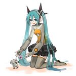  aqua_eyes aqua_hair hatsune_miku kneeling long_hair musclecar odds_&amp;_ends_(vocaloid) project_diva_(series) project_diva_f simple_background smile solo thighhighs twintails very_long_hair vocaloid zettai_ryouiki 