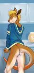  blonde_hair bottomless brown_nose butt clothed clothing demicoeur hair half-dressed hoodie hybrid kangaroo looking_at_viewer looking_back male mammal marsupial mustelid otter solo thick_tail 