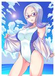  atago_kinue blue_eyes blue_hair breasts cloud competition_swimsuit day e20 glasses large_breasts lavender_hair looking_at_viewer ocean one-piece_swimsuit purple_eyes red-framed_eyewear saki short_hair sky solo sun swimsuit 