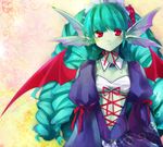  blush detached_collar flower frills gothic_lolita green_hair green_skin hair_ornament hairband kyousaku leviathan_(mygrimoire) lolita_fashion long_hair monster_girl mygrimoire red_eyes ribbon solo very_long_hair wings 