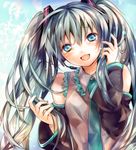  aqua_eyes aqua_hair bad_id bad_pixiv_id bare_shoulders detached_sleeves hatsune_miku headset long_hair looking_at_viewer madogawa necktie open_mouth smile solo tears twintails vocaloid 