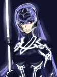  bodysuit breasts crossover drawfag helmet long_hair neon_trim polearm purple_eyes purple_hair rance_(series) sengoku_rance senhime solo spear tron tron:_legacy weapon 