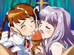  1boy 2girls arika_yumemiya bed blush brown_hair censored cum cum_on_hair ejaculation eyes_closed facial fellatio licking long_hair maid mashiro_blan_de_windbloom multiple_fellatio multiple_girls my-otome oral penis pov purple_hair same tears tongue window 