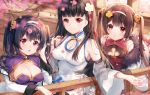  3girls :o ahoge azur_lane bangs bare_shoulders blurry blurry_foreground blush breasts brown_hair cleavage cleavage_cutout closed_mouth depth_of_field dress eyebrows_visible_through_hair flower fur-trimmed_jacket fur_trim hair_between_eyes hair_flip hairband hairpods jacket long_hair medium_breasts multiple_girls ning_hai_(azur_lane) off_shoulder parted_lips pf ping_hai_(azur_lane) pink_flower purple_dress railing red_dress red_eyes sleeveless sleeveless_dress small_breasts smile tree_branch twintails very_long_hair white_dress white_hairband white_jacket yat_sen_(azur_lane) yellow_flower 