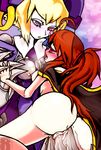  2girls arc_system_works ass blazblue blazblue_phase_0 blonde_hair blush breasts brown_hair caelica_a._mercury caelica_a_mercury cape celica_a_mercury claws female fingering hand_holding monster_girl multiple_girls nirvana ponytail pussy_juice red_eyes revenge_(h-f) robot robot_girl vibrator yuri 