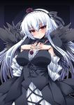  black_wings blush breasts doll_joints dress flower frills gothic_lolita hands_on_own_chest highres large_breasts lolita_fashion long_hair looking_at_viewer open_mouth purple_eyes rose rozen_maiden shinshin silver_hair solo suigintou wings 