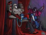  autobot blue_eyes bound decepticon leash machine male mechanical megatron not_furry optimus_prime red_eyes robot slave starscream throne tied transformers transformers_animated 