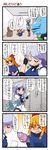  4koma apron blonde_hair blue_hair blush bow braid closed_eyes coat comic crossed_arms cup dei_shirou drill_hair drinking_glass fingerless_gloves gloves gourd grey_eyes hair_bow hair_ribbon highres horn_ribbon horns ibuki_suika izayoi_sakuya kappa_mob locker locker_room maid maid_headdress multiple_girls open_mouth ribbon silver_hair sitting smile standing television thighhighs touhou translated twin_braids wine_glass wrestling_outfit wrist_cuffs 