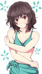  amagami aqua_sarong aqua_swimsuit ariaridoradora bikini black_hair brown_eyes highres messy_hair sarong self_hug short_hair simple_background smile swimsuit tanamachi_kaoru 