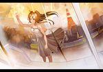  arm_up bare_shoulders blonde_hair cityscape cloud dress ground_vehicle letterboxed long_hair neyagi original red_sky skirt skirt_lift sky solo standing sundress sunset tokyo_tower train wind window yellow_eyes 