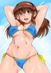  armpits arms_behind_head arms_up bikini blue_bikini blue_eyes breasts brown_hair covered_nipples dead_or_alive hairband hitomi_(doa) large_breasts long_hair navel shu-z side-tie_bikini swimsuit 