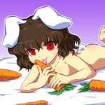  animal_ears ass barefoot brown_hair bunny_ears bunny_tail carrot foreshortening gomi_ichigo hands highres inaba_tewi licking lying naughty_face nude on_stomach red_eyes sexually_suggestive short_hair solo tail tongue touhou 