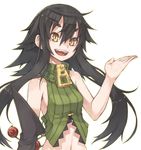  :d black_hair elbow_gloves gloves long_hair nike_(smaaaash) open_mouth original shenwu_(nike) simple_background single_elbow_glove single_glove smile solo striped vertical_stripes white_background yellow_eyes 