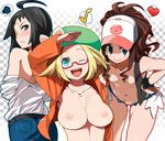  2girls agemono bare_shoulders baseball_cap bel_(pokemon) black_hair blonde_hair blue_eyes breasts brown_hair cheren_(pokemon) collarbone denim denim_shorts glasses green_eyes hands_on_hips hat jacket legs multiple_girls navel one_eye_closed pokemon pokemon_(game) pokemon_bw pokemon_bw2 ponytail pussy semi-rimless_eyewear shorts small_breasts touko_(pokemon) under-rim_eyewear vest 