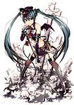  bat_wings boots green_eyes green_hair hat hatsune_miku long_hair looking_at_viewer microphone microphone_stand peaked_cap skirt smile solo thighhighs torigoe_takumi twintails very_long_hair vintage_microphone vocaloid wings 