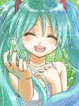  403_(artist) closed_eyes green_hair hand_on_own_chest hatsune_miku long_hair nail_polish open_mouth smile solo twintails vocaloid 