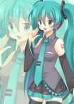  bad_id bad_pixiv_id detached_sleeves green_eyes green_hair hatsune_miku headset highres long_hair necktie open_mouth rento_(rukeai) skirt solo thighhighs twintails very_long_hair vocaloid zoom_layer 