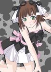  :o amami_haruka bangs bare_shoulders black_bow black_neckwear blunt_bangs blush bow bowtie brown_hair collarbone cute_&amp;_girly_(idolmaster) green_eyes hair_ribbon idolmaster idolmaster_(classic) idolmaster_1 itsuki_sayaka parted_lips pleated_skirt ribbon short_hair skirt solo spaghetti_strap white_ribbon white_skirt 