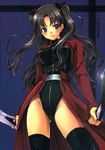  2006 archer archer_(cosplay) ayakaze_ryuushou black_hair black_legwear blue_eyes cosplay dated fate/stay_night fate_(series) highres kanshou_&amp;_bakuya solo sword thighhighs toosaka_rin two_side_up weapon 