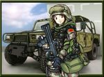  assault_rifle battlefield_(series) battlefield_2 border brown_hair bullpup camouflage car china gloves ground_vehicle gun helmet humvee lishaoquan load_bearing_vest looking_at_viewer military military_vehicle motor_vehicle qbz-95 red_eyes rifle short_hair soldier solo vest weapon 