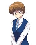  a1 androgynous brown_hair collared_shirt dress_shirt frown long_sleeves maison_ikkoku nanao_kozue scared shaded_face shirt short_hair simple_background solo sweatdrop sweater_vest v_arms white_background white_shirt 