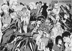  6+boys arm_up asagi_maria asagi_mika asato bald balladbird_lee bare_shoulders bear_walken belt beyond_the_grave big_daddy_(gungrave) bob_poundmax brandon_heat buckle buttons cat collar collarbone collared_shirt dress dress_lift everyone evil_grin evil_smile expressionless full_body gerry goggles greyscale grin gun gungrave handgun harry_macdowell hat holding holding_sword holding_weapon jewelry kugashira_bunji ladd_carabel long_hair long_sleeves looking_at_viewer monochrome multiple_boys multiple_girls multiple_persona muscle necklace necktie outstretched_arm pants pendant pistol profile shaded_face shirt short_hair smile standing suspenders sword teeth uniform upper_body very_long_hair weapon widge younger 