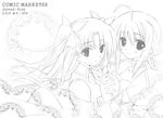 artoria_pendragon_(all) fate/stay_night fate_(series) greyscale holding_hands long_hair monochrome multiple_girls saber toosaka_rin two_side_up zinno 