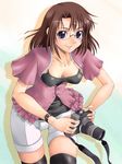  blush breasts brown_hair camera cleavage glasses large_breasts long_hair maria-sama_ga_miteru smile solo takeshima_tsutako thighhighs watch wristwatch yaso_shigeru 