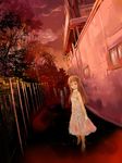 brown_eyes brown_hair copyright_request dress expressionless full_body hime_cut long_hair maruto! outdoors red road shadow silhouette solo standing street sunset tree vanishing_point white_dress 